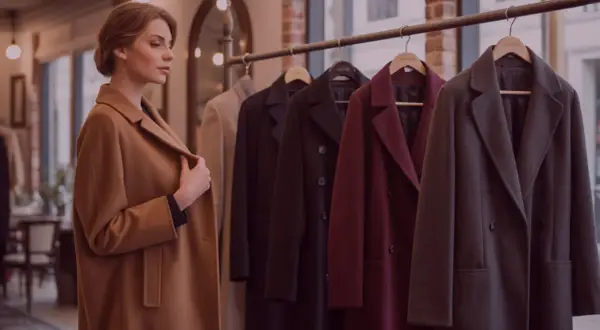 Donna osserva diversi tipi di cappotto in negozio: un modello cammello, nero, bordeaux e grigio scuro.