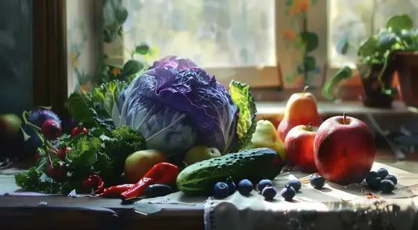 Świeże warzywa i owoce na parapecie. Zdrowa dieta to klucz, jak obniżyć kreatyninę.