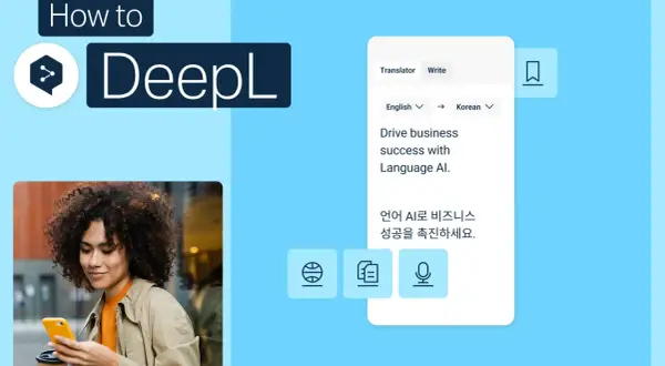 Kobieta z telefonem w ręku korzysta z translatora DeepL, który tłumaczy tekst z angielskiego na koreański, pomagając w rozwoju biznesu.
