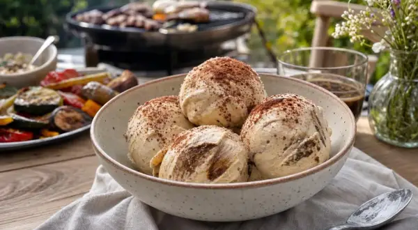 Un délicieux tiramisu glacé saupoudré de cacao, prêt à être dégusté après un barbecue estival.