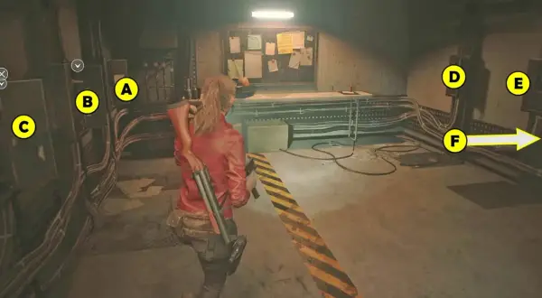 Claire w czerwonej kurtce w Resident Evil 2 poradnik, obok tablicy z notatkami i oznaczeń A-F.
