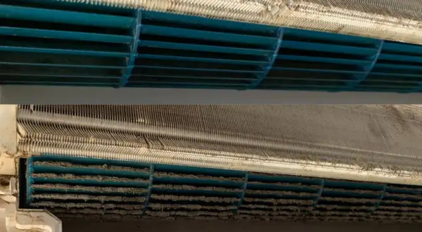 Comparaison avant/après nettoyage de l'évaporateur de climatisation. La poussière s'est accumulée sur les ailettes, réduisant l'efficacité.
