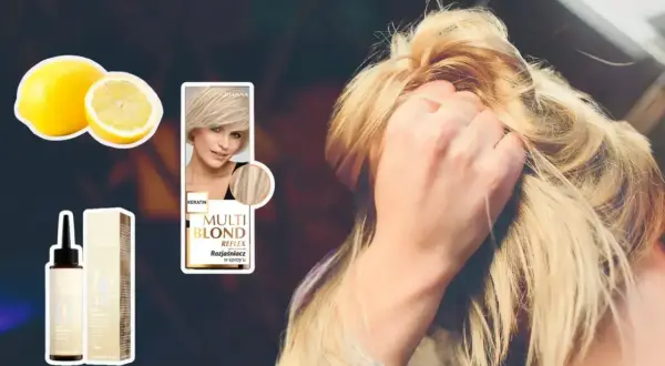 Kobieta z blond włosami, cytryny i rozjaśniacz do włosów.