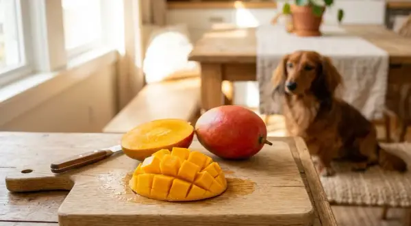 Słodki mango dla psa, pokrojony w kostkę na desce, obok całego owocu. W tle siedzi jamnik.