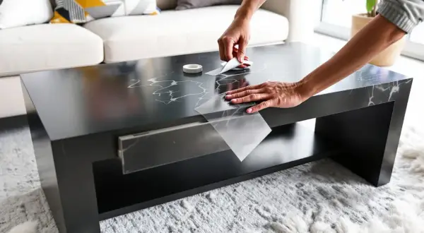 Une personne relooker table basse avec carrelage adhésif effet marbre. Le résultat est élégant et moderne.