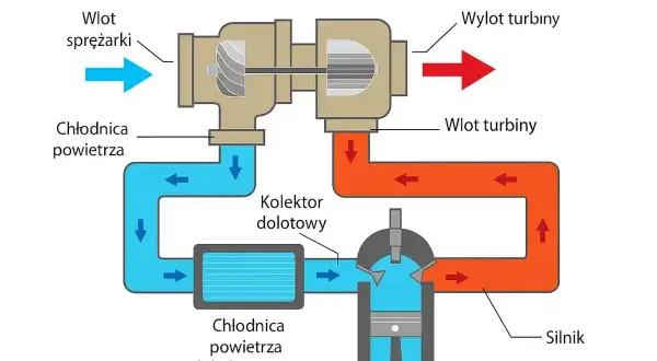 Schemat turbodoładowania: jak działa biturbo? Zobacz przepływ powietrza przez sprężarkę, chłodnicę i silnik.