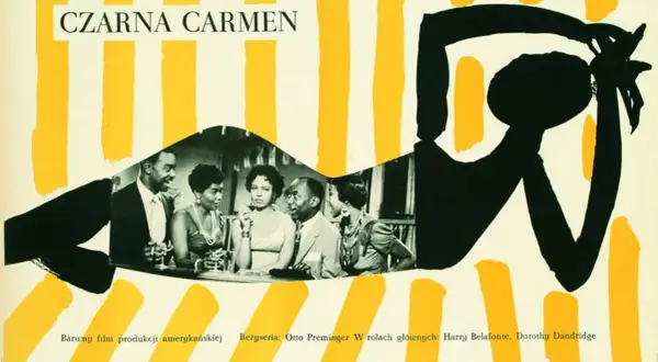 Plakat filmowy "Czarna Carmen" w stylu polskiej szkoły plakatu. Stylizowane czarne postacie na tle żółtych pasów, z fragmentem czarno-białego zdjęcia aktorów.