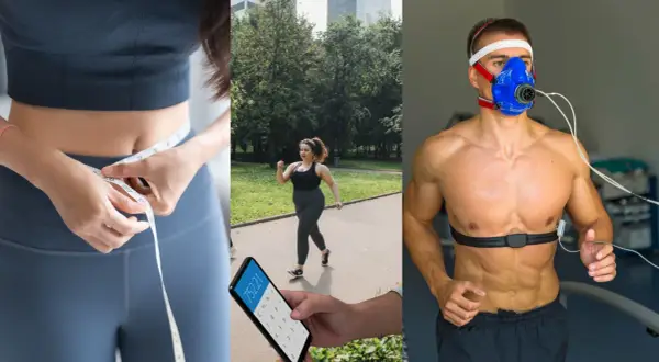 Mätning av midjemått, löpning i parken och en man som genomgår ett konditionstest. Kanske en tabell för cooper test 3 km?