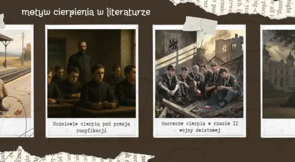Cztery obrazy: dziewczynka na stacji, uczniowie w klasie, harcerze w ruinach, mężczyzna w żałobie.