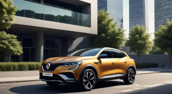 En gyllene Renault Arkana testkörs längs en stadsgata, med moderna byggnader och gröna träd i bakgrunden.