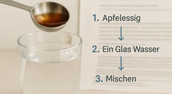 Ein Löffel Apfelessig wird in ein Glas Wasser gegeben. So einfach ist die Zubereitung, um zu sehen, was Apfelessig bringt.