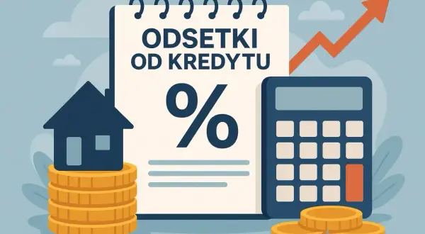 Dom na monetach, kalkulator i wykres wzrostu obok notatki "Odsetki od kredytu". To pokazuje, co to odsetki.