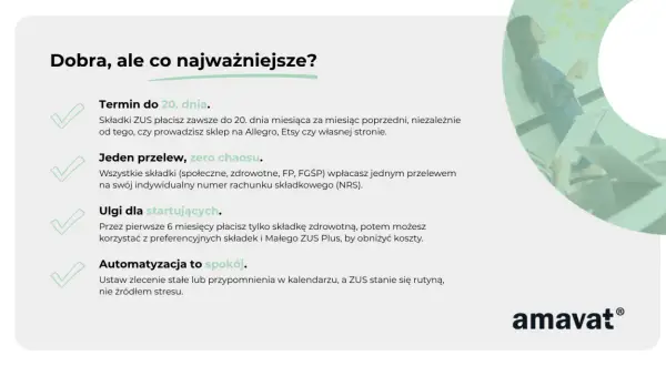 ZUS to nie problem! Płacisz do 20. dnia, jednym przelewem. Ulgi dla startujących i automatyzacja sprawią, że dobrowolny ZUS stanie się rutyną.