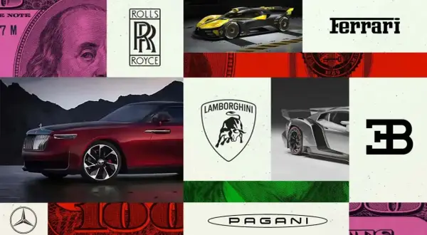 Un collage di auto di lusso e loghi di marche costose: Rolls-Royce, Ferrari, Lamborghini, Bugatti, Mercedes, Pagani.