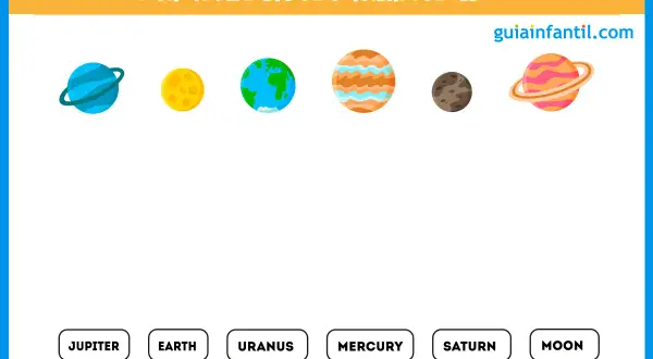 Actividad para emparejar planetas y sus nombres en inglés. Muestra varios planetas y sus nombres como Júpiter, Tierra, Urano, Mercurio, Saturno y Luna.