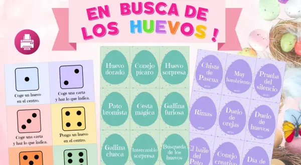Tablero de juego para buscar huevos de Pascua con dados y cartas de retos como "Conejo picaresco" o "Duelo de orejas".