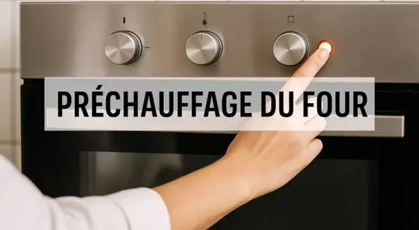Une main appuie sur le bouton d'un four, indiquant le préchauffage du four.