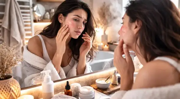 Kobieta w szlafroku aplikuje na twarz kosmetyk z kwasem laktobionowym, analizując efekt w lustrze.
