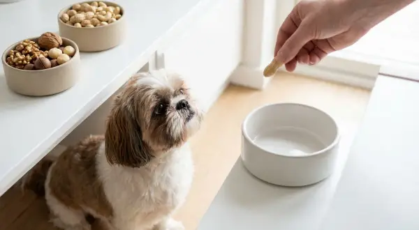 Czy pies może jeść orzeszki ziemne? Shih tzu z nadzieją patrzy na rękę podającą mu orzeszka.