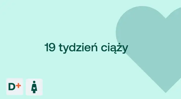 19 tydzień ciąży to już połowa piątego miesiąca. Na jasnym tle serce i ikony.