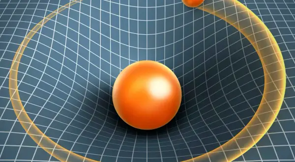 En stor orange sfär böjer ett rutnät, som illustrerar einsteins relativitetsteori. En mindre sfär följer krökningen.