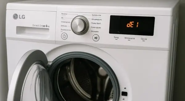 Pralka LG Direct Drive 6 kg z otwartymi drzwiczkami. Na wyświetlaczu widoczny błąd OE, wskazujący na problem z odprowadzaniem wody.