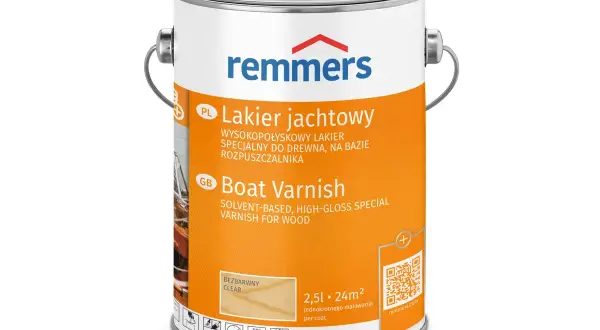 Puszka lakieru jachtowego Remmers. Bezbarwny lakier do drewna, idealny do malowania łodzi.