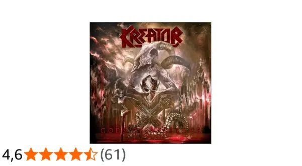Okładka albumu Kreator "Gods of Violence" z mroczną, demoniczną postacią i czaszkami.