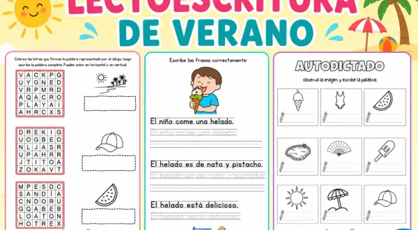 Actividad de vocabulario verano infantil: sopa de letras, escritura de frases y autodilactado con dibujos veraniegos.