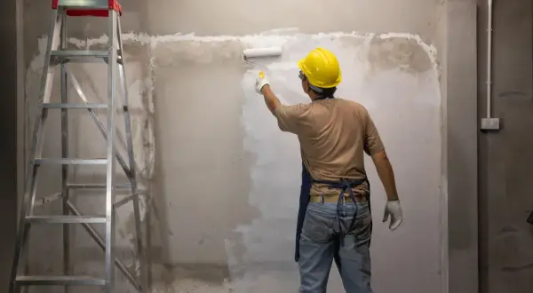 Operaio con casco giallo stende le vernici bianche su un muro grezzo, accanto a una scala metallica.