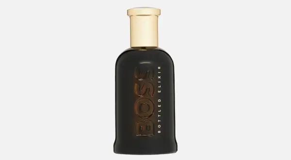Flakon perfum Hugo Boss Bottled Elixir, ciemnobrązowy, ze złotą nakrętką.