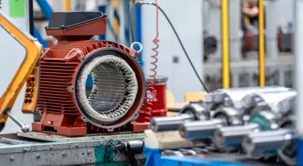 Czerwony silnik elektryczny z widocznym uzwojeniem, przygotowany do montażu. W tle inne rodzaje silników elektrycznych i elementy linii produkcyjnej.