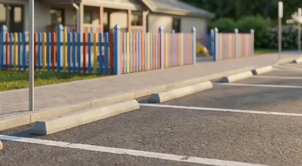 Parking spaces viewed from a 45-degree angle, with a colorful fence and building in the background.