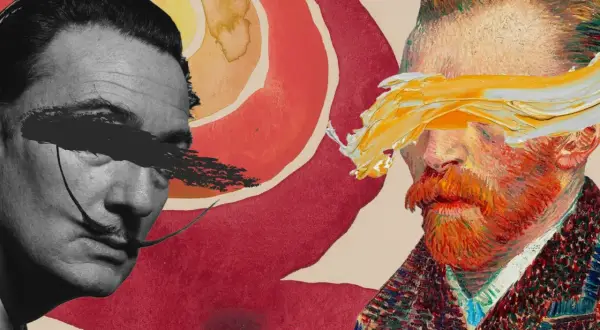 A surreal collage featuring Salvador Dalí and Vincent van Gogh, artists like Van Gogh, with abstract paint strokes obscuring their eyes against a vibrant, sun-like background.