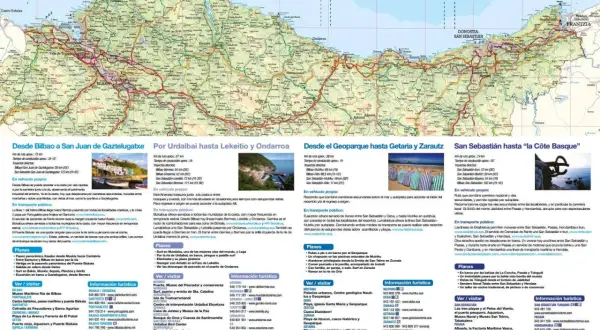 Mapa de la **ruta costa vasca en coche**, detallando trayectos, transporte público y planes turísticos desde Bilbao hasta San Sebastián y la "Côte Basque".