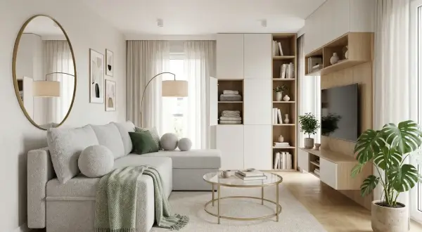 Jasny, przytulny mały salon jak urządzić: szara sofa, okrągłe stoliki, regały z książkami i dekoracje.