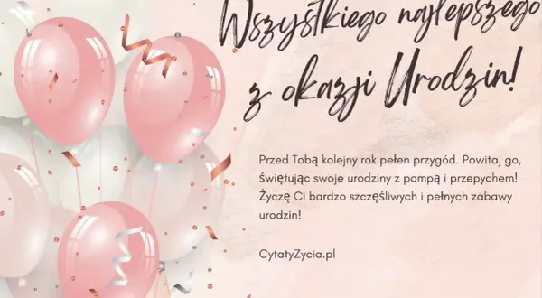Różowe i białe balony unoszą się w powietrzu, tworząc radosną atmosferę. To idealne tło dla życzeń urodzinowych dla siostry.