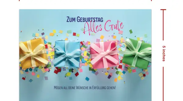 Kolorowe pudełka z prezentami i konfetti. Napis "Zum Geburtstag Alles Gute" i "Mögen all deine Wünsche in Erfüllung gehen!" to życzenia urodzinowe po niemiecku.