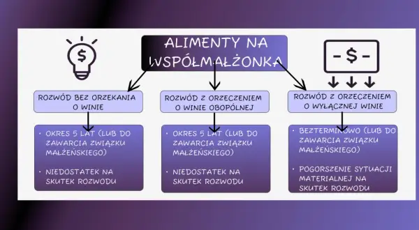 Schemat alimentów na małżonka przy rozwodzie krok po kroku: bez orzekania o winie, z orzeczeniem o winie obopólnej lub wyłącznej.