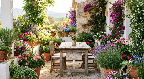 Une table en bois et des chaises invitent à la détente sur cette terrasse aménagée avec un jardin luxuriant. Des fleurs colorées et des plantes grimpantes créent un cadre idyllique.