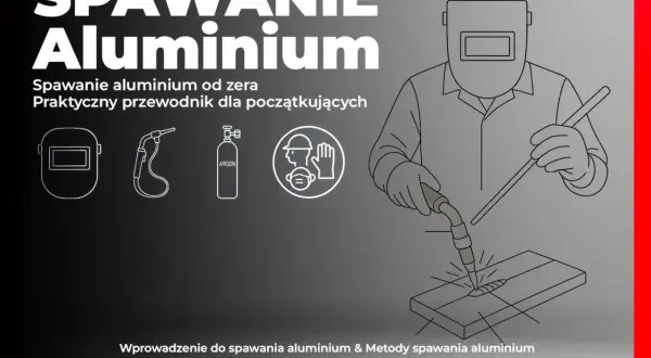Ilustracja przedstawia spawanie aluminium. Widoczny spawacz w masce, palnik, butla z argonem i materiały do spawania.