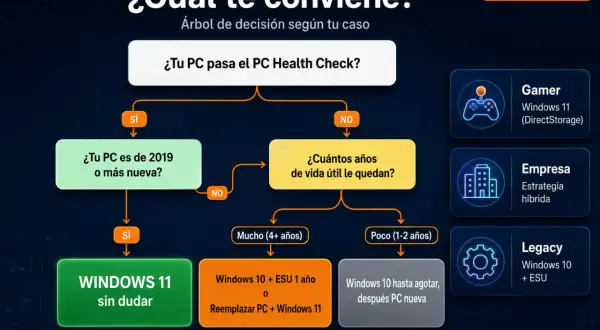 Árbol de decisión para saber qué es mejor Windows 10 o 11. Si tu PC pasa el Health Check y es nuevo, instala Windows 11.