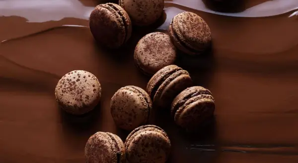 Douze macarons au chocolat, parsemés de cacao, reposent sur un lit de chocolat fondu brillant.