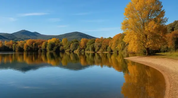 Un árbol dorado ilumina la orilla del lago de Carucedo, reflejándose en sus aguas tranquilas. Un lugar perfecto para un merendero.