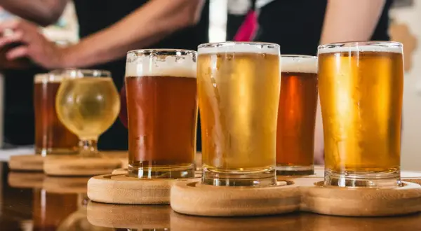 Assaggio di birra danese: bicchieri di diverse birre ambrate e dorate, con schiuma cremosa, su un vassoio di legno.