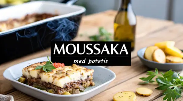 En härlig moussaka med potatis, ångande och redo att serveras. En klassiker som alltid går hem.