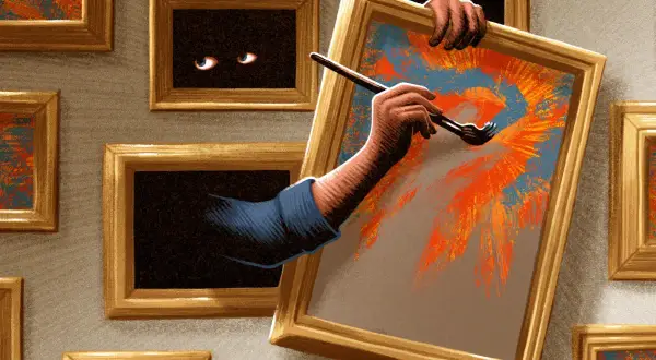 A shadowy figure with glowing eyes paints a vibrant canvas in a surreal art district.