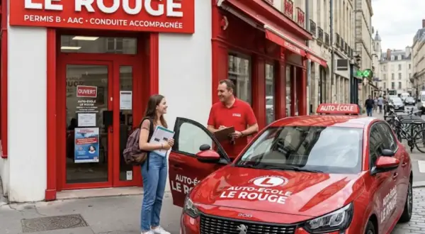 Un moniteur d'auto-école discute avec une élève devant le bureau "Le Rouge". Elle tient des documents, prêt pour le transfert de dossier auto école.