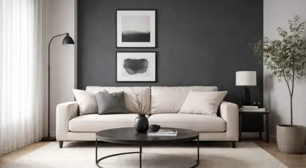 Un salon moderne avec un canapé clair, un mur gris foncé et des œuvres d'art. Le gris clair va bien avec le beige et le noir, créant une ambiance apaisante.