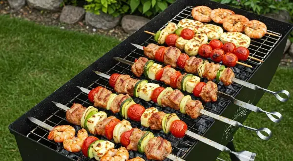 Grillowane szaszłyki z kurczaka, krewetki i halloumi. Idealna propozycja na letnie przyjęcie, z pewnością najlepsza marynata do szaszłyków z kurczaka!